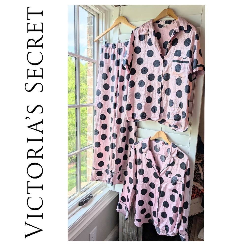Victoria's Secret Satin Long Polka Dot Pink And Black Pajamas Short Sleeve